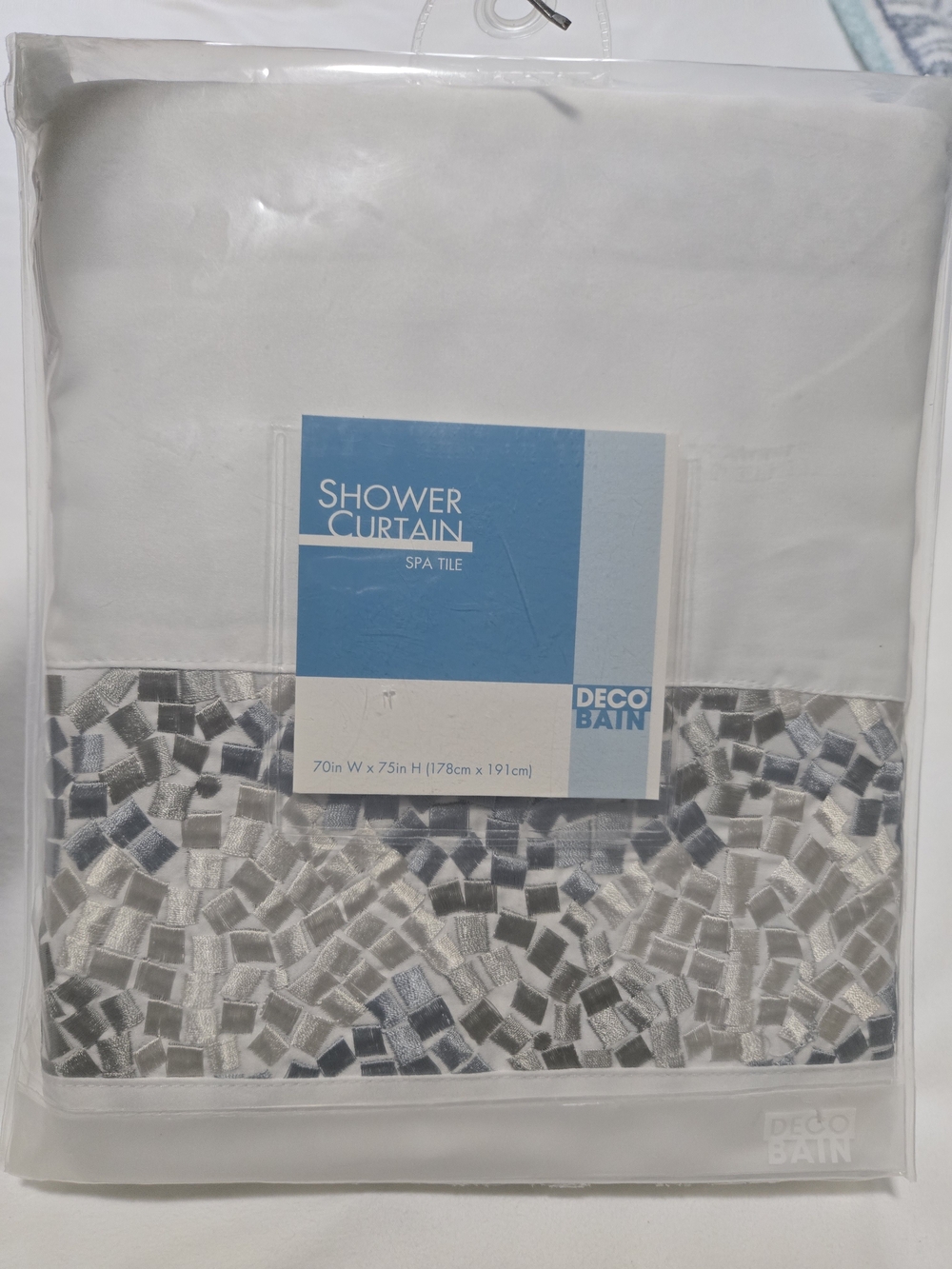 Deco Bain "Spa Tile" Shower Curtain - White with Silver And Blue Mosaic Border